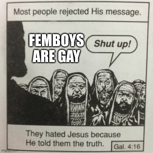 Cry about it | FEMBOYS ARE GAY | image tagged in they hated jesus because he told them the truth | made w/ Imgflip meme maker