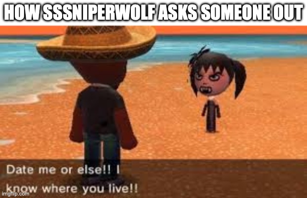 sssniperwolf confessional | HOW SSSNIPERWOLF ASKS SOMEONE OUT | image tagged in hella creepy mii,sssniperwolf,mii,tomodachi life | made w/ Imgflip meme maker