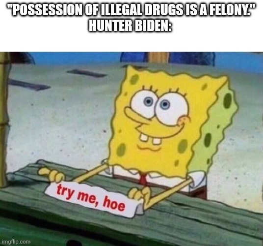 Not wrong am I? | "POSSESSION OF ILLEGAL DRUGS IS A FELONY."
HUNTER BIDEN: | image tagged in try me hoe | made w/ Imgflip meme maker