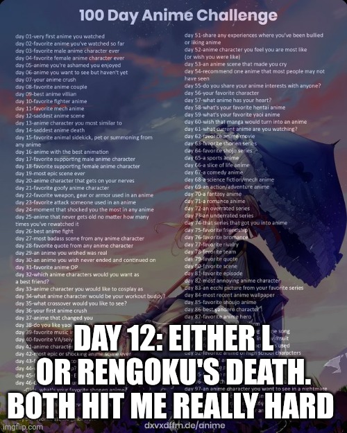 100 day anime challenge | DAY 12: EITHER L OR RENGOKU'S DEATH. BOTH HIT ME REALLY HARD | image tagged in 100 day anime challenge | made w/ Imgflip meme maker