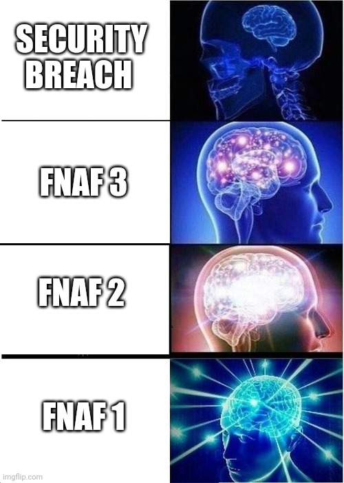 Expanding Brain | SECURITY BREACH; FNAF 3; FNAF 2; FNAF 1 | image tagged in memes,expanding brain | made w/ Imgflip meme maker