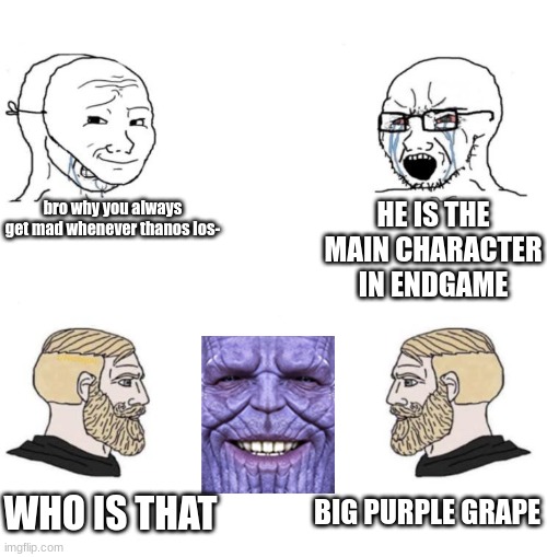 Chad we know | bro why you always get mad whenever thanos los-; HE IS THE MAIN CHARACTER IN ENDGAME; BIG PURPLE GRAPE; WHO IS THAT | image tagged in chad we know | made w/ Imgflip meme maker