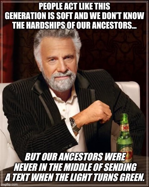 Soft Generation | PEOPLE ACT LIKE THIS GENERATION IS SOFT AND WE DON’T KNOW THE HARDSHIPS OF OUR ANCESTORS…; BUT OUR ANCESTORS WERE NEVER IN THE MIDDLE OF SENDING A TEXT WHEN THE LIGHT TURNS GREEN. | image tagged in memes,the most interesting man in the world | made w/ Imgflip meme maker