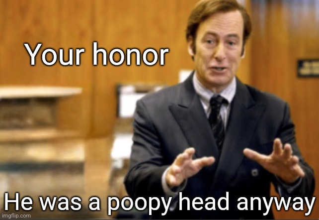 A stupid poopy head | Your honor; He was a poopy head anyway | image tagged in saul goodman defending | made w/ Imgflip meme maker