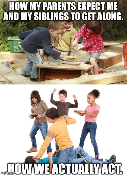 HOW MY PARENTS EXPECT ME AND MY SIBLINGS TO GET ALONG. HOW WE ACTUALLY ACT. | image tagged in kids at play,kids fighting | made w/ Imgflip meme maker