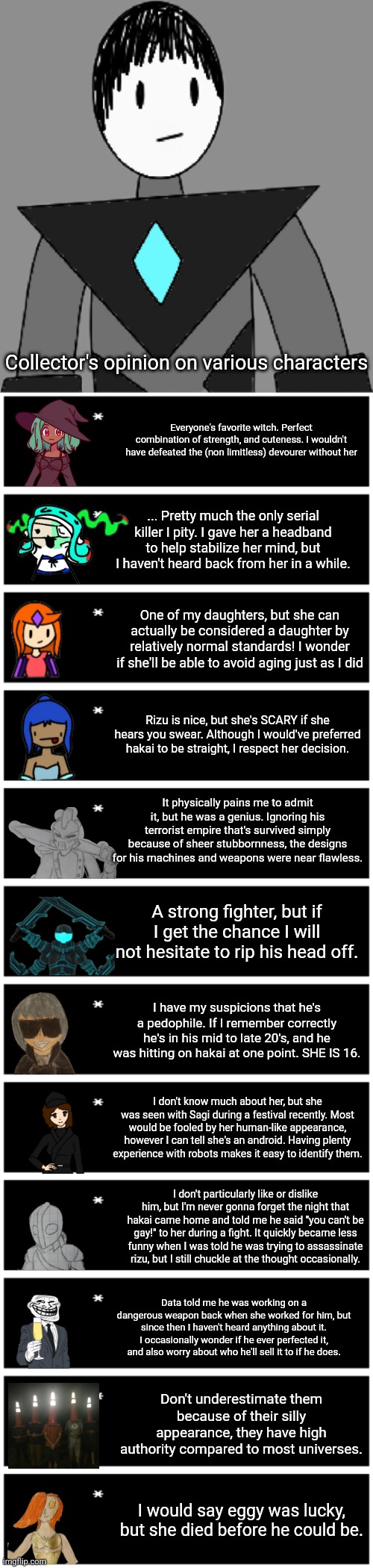 Collector's opinion on various characters; Everyone's favorite witch. Perfect combination of strength, and cuteness. I wouldn't have defeated the (non limitless) devourer without her; ... Pretty much the only serial killer I pity. I gave her a headband to help stabilize her mind, but I haven't heard back from her in a while. One of my daughters, but she can actually be considered a daughter by relatively normal standards! I wonder if she'll be able to avoid aging just as I did; Rizu is nice, but she's SCARY if she hears you swear. Although I would've preferred hakai to be straight, I respect her decision. It physically pains me to admit it, but he was a genius. Ignoring his terrorist empire that's survived simply because of sheer stubbornness, the designs for his machines and weapons were near flawless. A strong fighter, but if I get the chance I will not hesitate to rip his head off. I have my suspicions that he's a pedophile. If I remember correctly he's in his mid to late 20's, and he was hitting on hakai at one point. SHE IS 16. I don't know much about her, but she was seen with Sagi during a festival recently. Most would be fooled by her human-like appearance, however I can tell she's an android. Having plenty experience with robots makes it easy to identify them. I don't particularly like or dislike him, but I'm never gonna forget the night that hakai came home and told me he said "you can't be gay!" to her during a fight. It quickly became less funny when I was told he was trying to assassinate rizu, but I still chuckle at the thought occasionally. Data told me he was working on a dangerous weapon back when she worked for him, but since then I haven't heard anything about it. I occasionally wonder if he ever perfected it, and also worry about who he'll sell it to if he does. Don't underestimate them because of their silly appearance, they have high authority compared to most universes. I would say eggy was lucky, but she died before he could be. | image tagged in collector transparent alternate,4 undertale textboxes | made w/ Imgflip meme maker