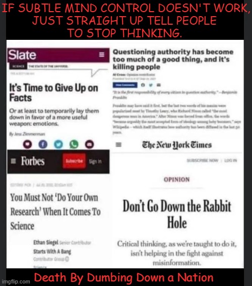 IF SUBTLE MIND CONTROL DOESN'T WORK,
JUST STRAIGHT UP TELL PEOPLE 
TO STOP THINKING. Death By Dumbing Down a Nation | image tagged in politics,dumbing down a nation,mind control,political humor,sheeple,death of a nation | made w/ Imgflip meme maker