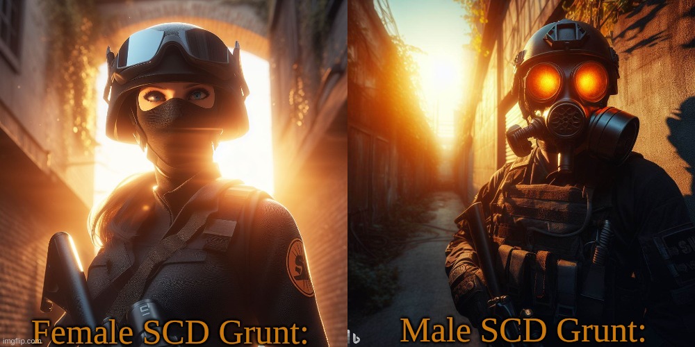 Im gonna be posting types of SCD soliders. | Male SCD Grunt:; Female SCD Grunt: | image tagged in timezone,war,cartoon,badass,military,tacticool dudes | made w/ Imgflip meme maker