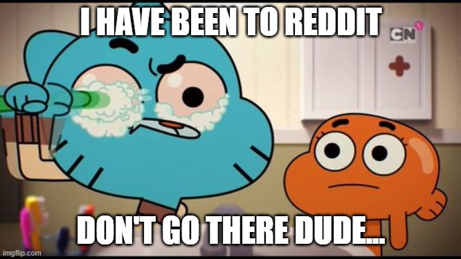 . | I HAVE BEEN TO REDDIT; DON'T GO THERE DUDE... | image tagged in gumball washing his eye,memes | made w/ Imgflip meme maker