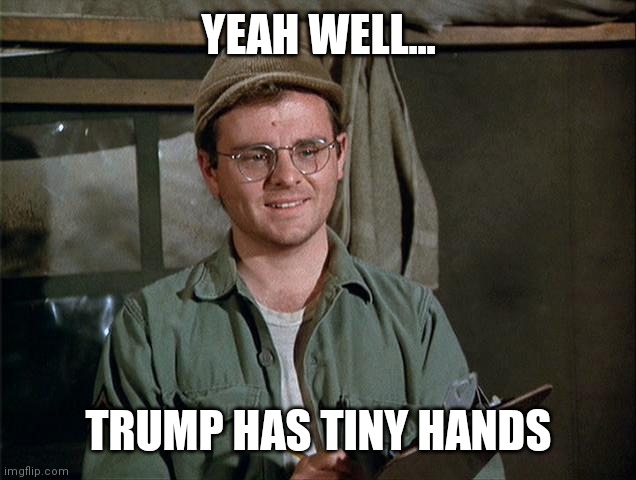 Radar O'Reilly | YEAH WELL... TRUMP HAS TINY HANDS | image tagged in radar o'reilly | made w/ Imgflip meme maker