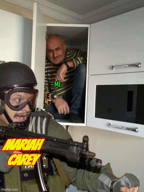 Man hiding in cubboard from SWAT template | ME; MARIAH CAREY | image tagged in man hiding in cubboard from swat template | made w/ Imgflip meme maker
