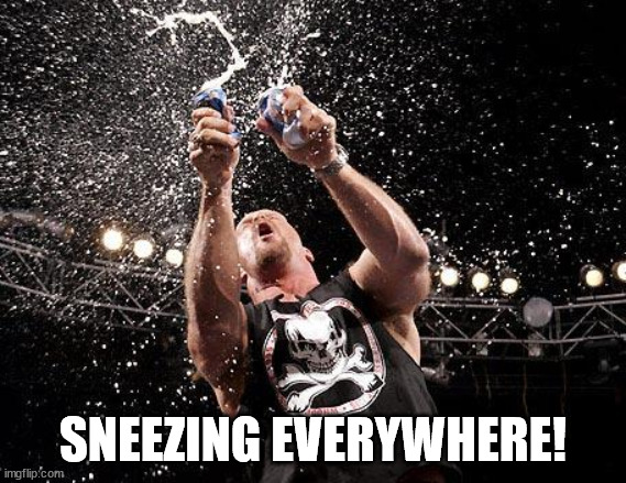 stone cold beers | SNEEZING EVERYWHERE! | image tagged in stone cold beers | made w/ Imgflip meme maker