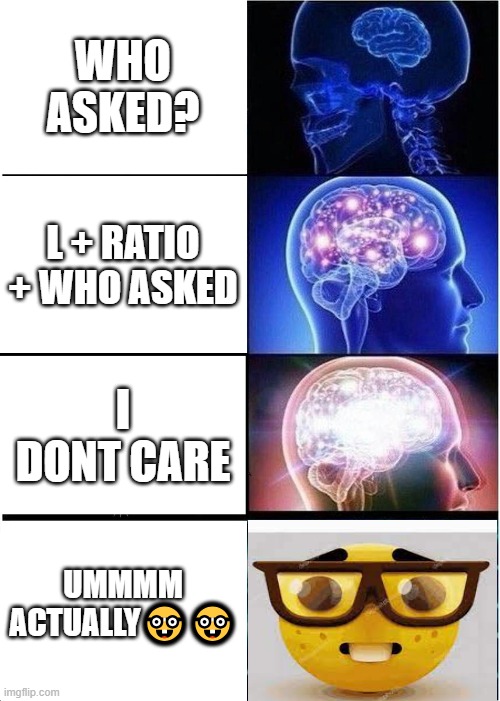 Ummmm??? | WHO ASKED? L + RATIO + WHO ASKED; I DONT CARE; UMMMM ACTUALLY🤓🤓 | image tagged in memes,expanding brain | made w/ Imgflip meme maker