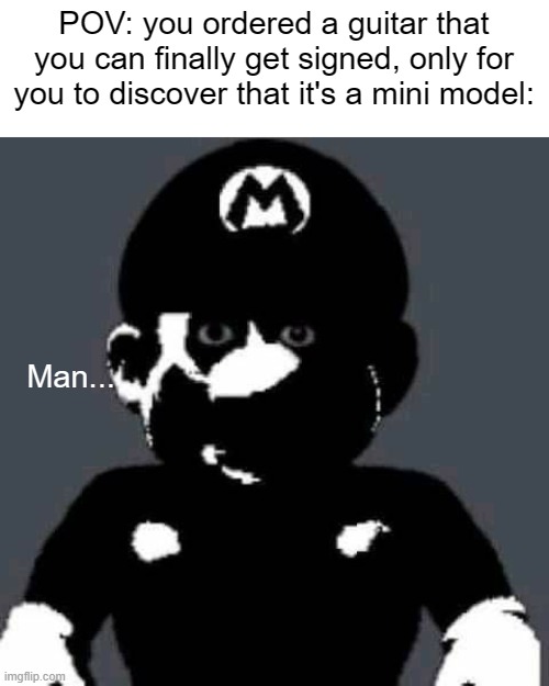 I WASTED MY MONEY ON THIS. | POV: you ordered a guitar that you can finally get signed, only for you to discover that it's a mini model:; Man... | image tagged in grey mario | made w/ Imgflip meme maker