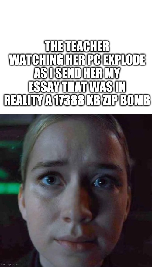 THE TEACHER WATCHING HER PC EXPLODE AS I SEND HER MY ESSAY THAT WAS IN REALITY A 17388 KB ZIP BOMB | image tagged in blank white template,vanessa stare | made w/ Imgflip meme maker