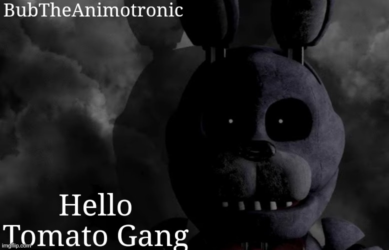 BubTheAnimotronic; Hello Tomato Gang | image tagged in bubtheanimotronic announcement template | made w/ Imgflip meme maker