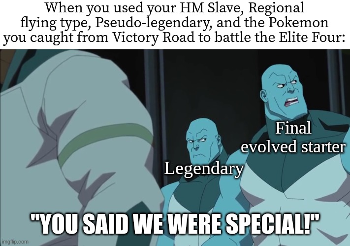 Pokemon Team | When you used your HM Slave, Regional flying type, Pseudo-legendary, and the Pokemon you caught from Victory Road to battle the Elite Four:; Final evolved starter; Legendary; "YOU SAID WE WERE SPECIAL!" | image tagged in pokemon,memes,funny,video games,nintendo | made w/ Imgflip meme maker