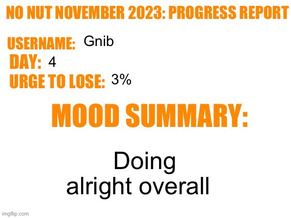 No Nut November 2023 Progress Report | Gnib; 4; 3%; Doing alright overall | image tagged in no nut november 2023 progress report | made w/ Imgflip meme maker