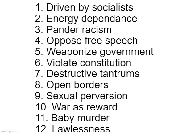 Blank White Template | 1. Driven by socialists
2. Energy dependance
3. Pander racism
4. Oppose free speech
5. Weaponize government
6. Violate constitution
7. Destr | image tagged in blank white template | made w/ Imgflip meme maker
