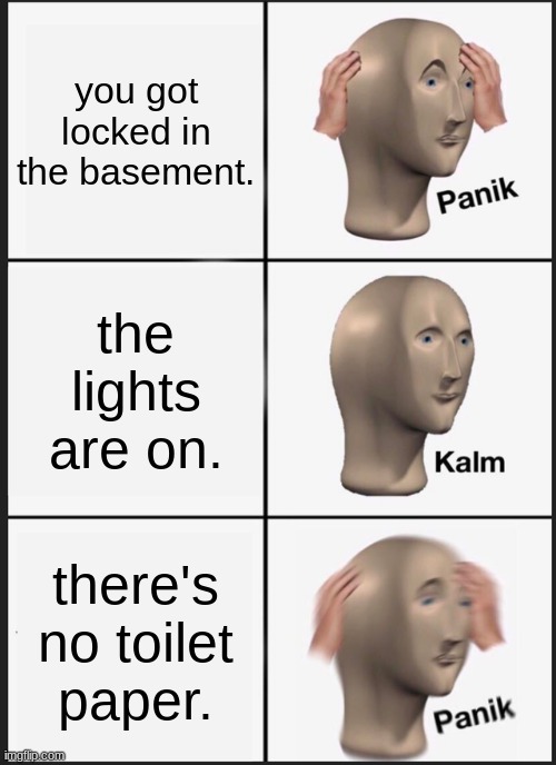 Panik Kalm Panik Meme | you got locked in the basement. the lights are on. there's no toilet paper. | image tagged in memes,panik kalm panik | made w/ Imgflip meme maker