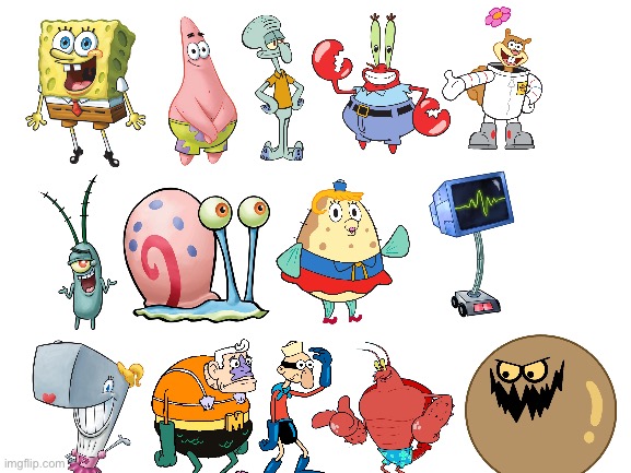 SpongeBob characters | image tagged in spongebob,patrick,squidward,mr krabs,sandy cheeks,plankton | made w/ Imgflip meme maker