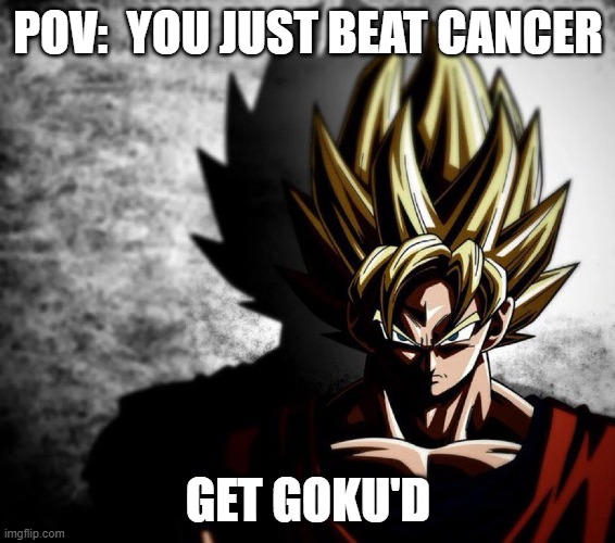 Goku stare | POV:  YOU JUST BEAT CANCER; GET GOKU'D | image tagged in goku stare | made w/ Imgflip meme maker