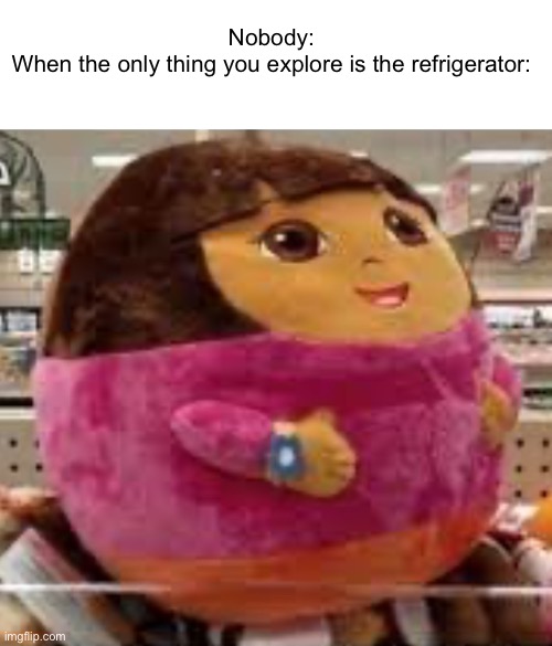 Ooof | Nobody:
When the only thing you explore is the refrigerator: | image tagged in dora the explorer,memes,fridge | made w/ Imgflip meme maker