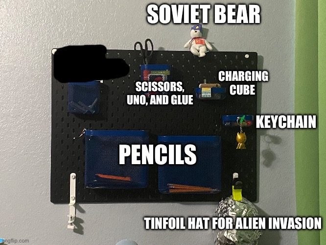 My wall organizer labeled | SOVIET BEAR; SCISSORS, UNO, AND GLUE; CHARGING CUBE; KEYCHAIN; PENCILS; TINFOIL HAT FOR ALIEN INVASION | made w/ Imgflip meme maker