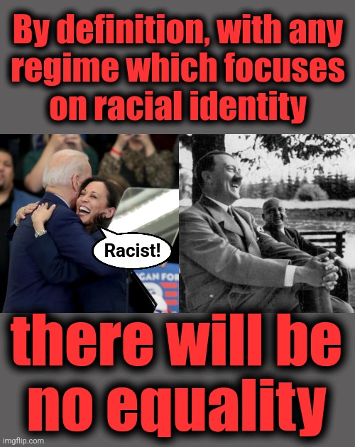 By definition, with any
regime which focuses
on racial identity; Racist! there will be
no equality | image tagged in joe biden kamala harris,adolf hitler laughing,racism,racial identity,democrats,equality | made w/ Imgflip meme maker