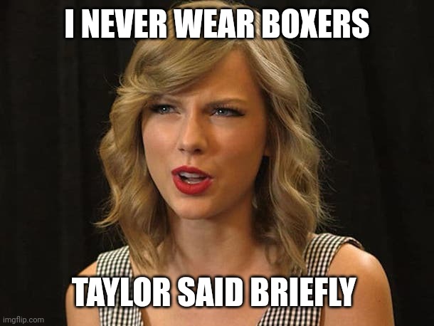 Taylor said briefly | I NEVER WEAR BOXERS; TAYLOR SAID BRIEFLY | image tagged in taylor swiftie | made w/ Imgflip meme maker