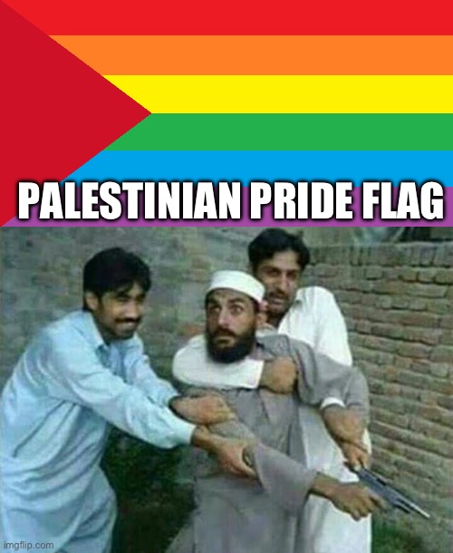 Palestinian Gay Pride | PALESTINIAN PRIDE FLAG | image tagged in muslim with gun,palestine,gay pride,gay pride flag | made w/ Imgflip meme maker