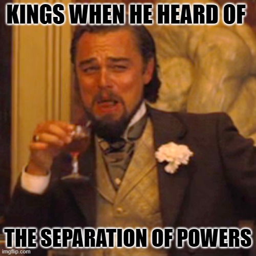 Laughing Leo Meme | KINGS WHEN HE HEARD OF; THE SEPARATION OF POWERS | image tagged in memes,laughing leo | made w/ Imgflip meme maker