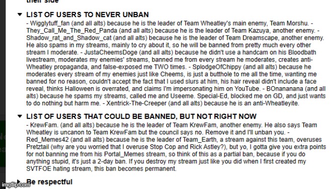 Team_Wheatley's ban list (those reasons are so terrible) | made w/ Imgflip meme maker