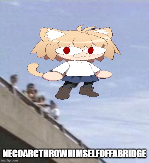 guy jumps off bridge | NECOARCTHROWHIMSELFOFFABRIDGE | image tagged in guy jumps off bridge | made w/ Imgflip meme maker