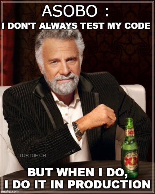Asobo Updates | ASOBO :; I DON'T ALWAYS TEST MY CODE; BUT WHEN I DO, I DO IT IN PRODUCTION; TORTUE CH | image tagged in asobo,flight simulator,failed update,fs2020,msfs | made w/ Imgflip meme maker