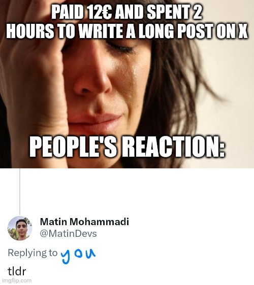 The sad fact about X Premium | PAID 12€ AND SPENT 2 HOURS TO WRITE A LONG POST ON X; PEOPLE'S REACTION: | image tagged in memes,first world problems,twitter,fun | made w/ Imgflip meme maker