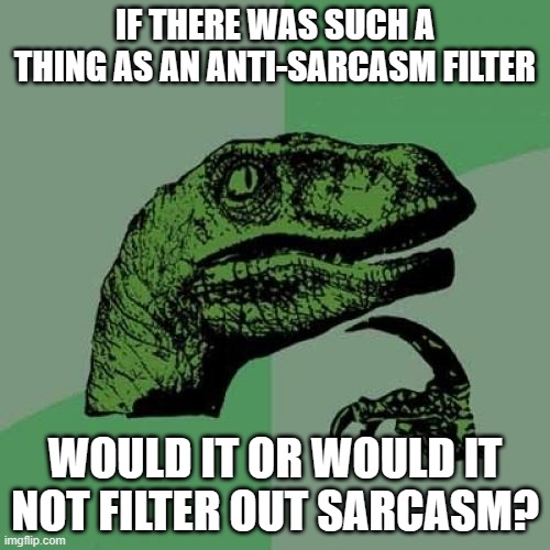 Asking for a Redditor. | IF THERE WAS SUCH A THING AS AN ANTI-SARCASM FILTER; WOULD IT OR WOULD IT NOT FILTER OUT SARCASM? | image tagged in memes,philosoraptor,sarcasm,filter,oxymoron,so yeah | made w/ Imgflip meme maker