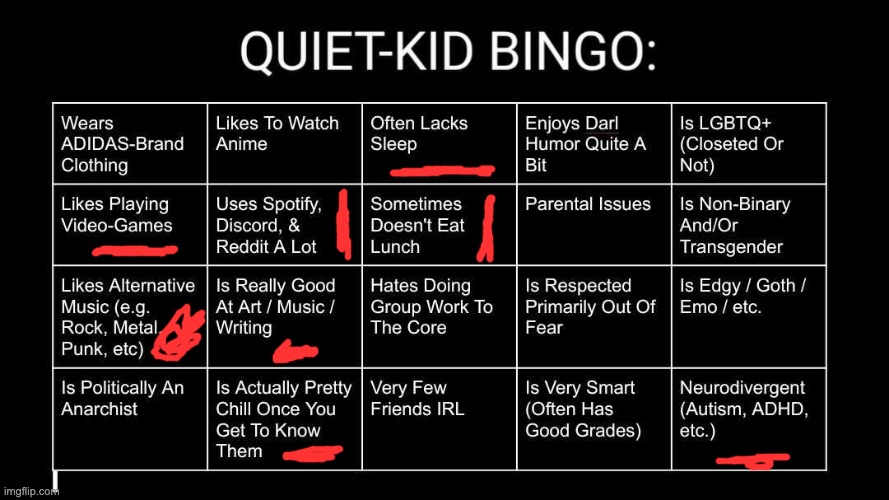 Quiet Kid Bingo | image tagged in quiet kid bingo | made w/ Imgflip meme maker