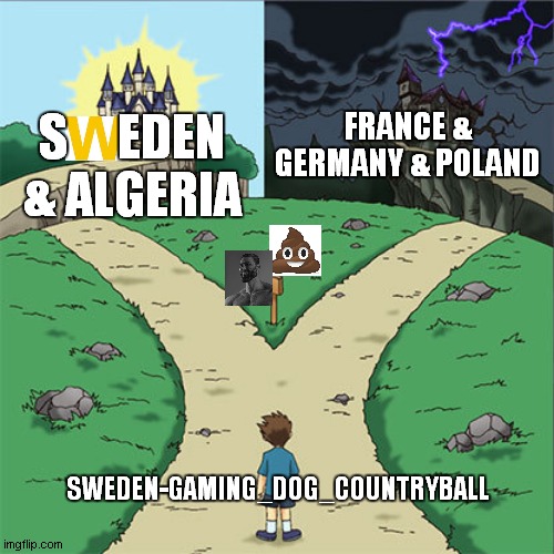 who winner ? | FRANCE & GERMANY & POLAND; S     EDEN & ALGERIA; SWEDEN-GAMING_DOG_COUNTRYBALL | image tagged in two paths | made w/ Imgflip meme maker