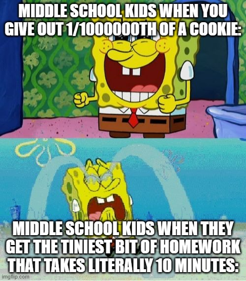 pov middle school | MIDDLE SCHOOL KIDS WHEN YOU GIVE OUT 1/1000000TH OF A COOKIE:; MIDDLE SCHOOL KIDS WHEN THEY GET THE TINIEST BIT OF HOMEWORK THAT TAKES LITERALLY 10 MINUTES: | image tagged in spongebob happy and sad | made w/ Imgflip meme maker