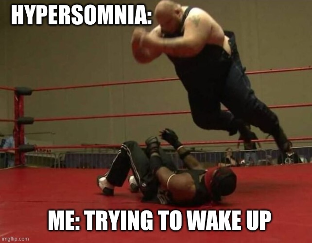 Hypersomnia Slam | HYPERSOMNIA:; ME: TRYING TO WAKE UP | image tagged in sleep,sleeping,tired,sick,illness | made w/ Imgflip meme maker