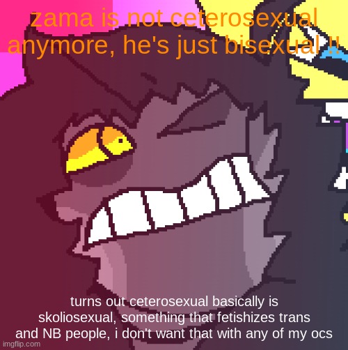 something | zama is not ceterosexual anymore, he's just bisexual !! turns out ceterosexual basically is skoliosexual, something that fetishizes trans and NB people, i don't want that with any of my ocs | image tagged in oc | made w/ Imgflip meme maker