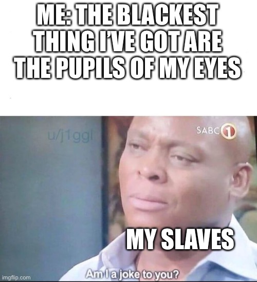 am I a joke to you | ME: THE BLACKEST THING I’VE GOT ARE THE PUPILS OF MY EYES; MY SLAVES | image tagged in am i a joke to you,memes,funny,racism | made w/ Imgflip meme maker