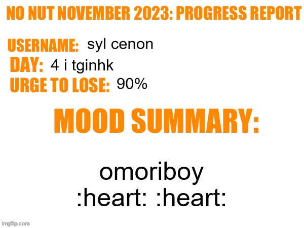 might as well | syl cenon; 4 i tginhk; 90%; omoriboy :heart: :heart: | image tagged in no nut november 2023 progress report | made w/ Imgflip meme maker