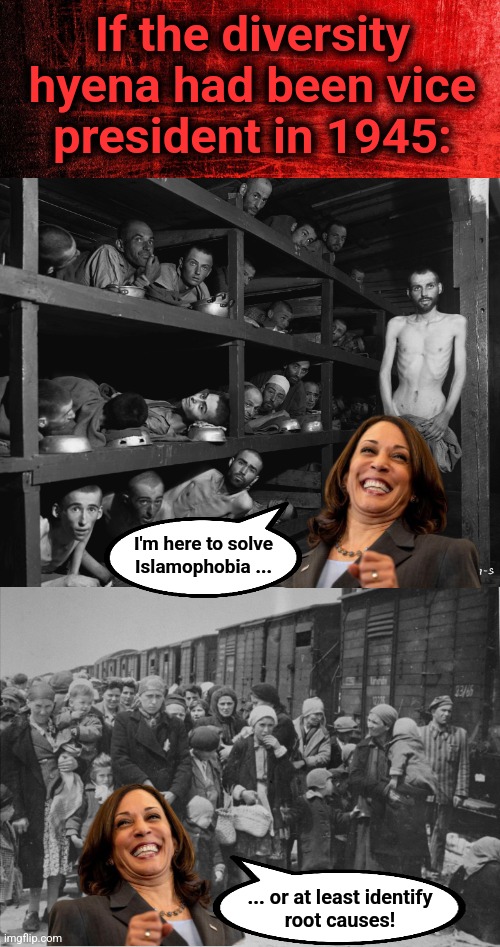 The diversity hyena at work again | If the diversity hyena had been vice
president in 1945:; I'm here to solve
Islamophobia ... ... or at least identify
root causes! | image tagged in memes,kamala harris,diversity hyena,democrats,jews,islamophobia | made w/ Imgflip meme maker