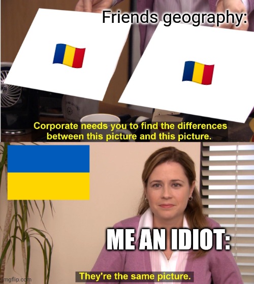 They're The Same Picture Meme | Friends geography:; 🇷🇴; 🇹🇩; ME AN IDIOT: | image tagged in memes,they're the same picture | made w/ Imgflip meme maker