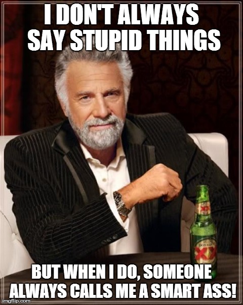 The Most Interesting Man In The World Meme | I DON'T ALWAYS SAY STUPID THINGS BUT WHEN I DO, SOMEONE ALWAYS CALLS ME A SMART ASS! | image tagged in memes,the most interesting man in the world | made w/ Imgflip meme maker