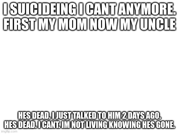 its over. | I SUICIDEING I CANT ANYMORE. FIRST MY MOM NOW MY UNCLE; HES DEAD. I JUST TALKED TO HIM 2 DAYS AGO. HES DEAD. I CANT. IM NOT LIVING KNOWING HES GONE. | image tagged in im not even gonna put the tag | made w/ Imgflip meme maker
