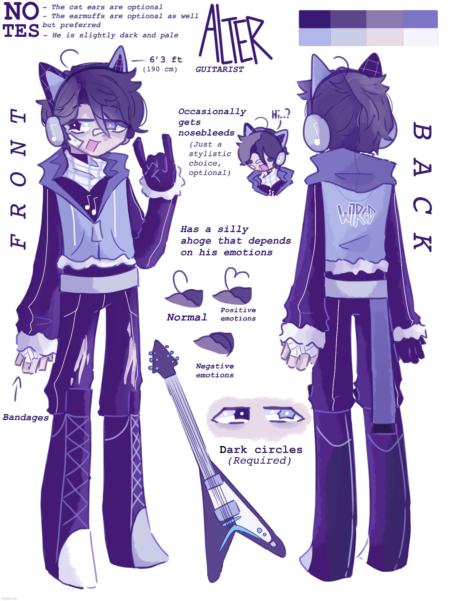 Alter’s revamped ref since I couldn’t look at the old one anymore (info in image desc) | He/him, age 23, guitarist | Alter is the only full human in this band. A sweet 23-year-old man with the mindset of a cheerful yet chaotic and unpredictable 17-year-old. He is 6’3 ft tall and is considered the heartthrob in his band and is very popular among women. Jovial among close people, polite around strangers usually, but there are times he is EXTREMELY shy for some reason. He is very clumsy and got injured multiple times as a consequence which explains the bandages. He is very affectionate to his friends and laughs and smiles very easily. However he still has a tendency to beat you up; you never know the crap he went through and what he’s thinking. He has a messed up sleep schedule as well. The cat earmuffs was a gift from his last ex-girlfriend whom he broke up with right before he debuted, and you rarely see him without it (he is not a catboy) | made w/ Imgflip meme maker