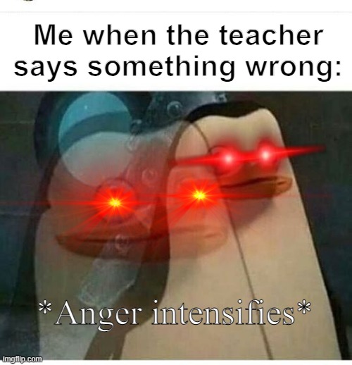 Me in school be like: | Me when the teacher says something wrong:; *Anger intensifies* | image tagged in madagascar meme | made w/ Imgflip meme maker